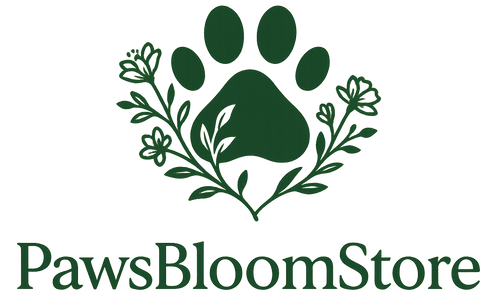 Create a unique dark green color logo for PawsBloomStore